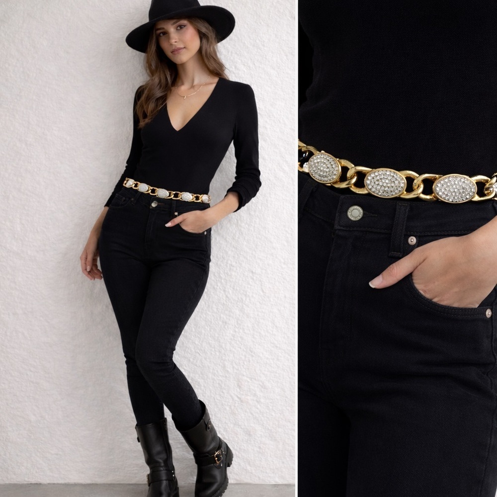 Elegant Gold Interlocking Chain Belt Crystal rhinestones & velvet